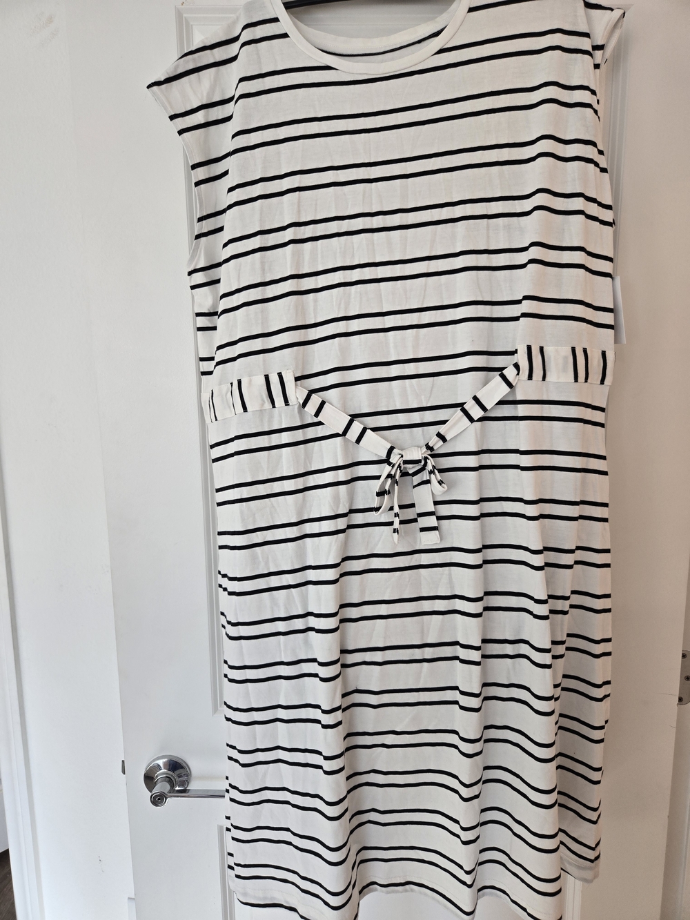 Sonoma Black and White Striped Midi Dress with Tie Waist
